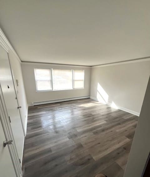 interior space featuring a baseboard heating unit, wood finished floors, and ornamental molding