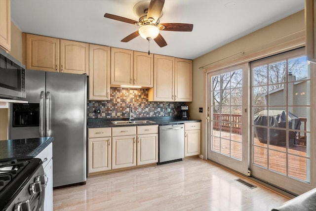 kitchen with visible vents, a sink, decorative backsplash, appliances with stainless steel finishes, and dark countertops