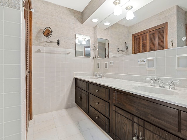 41 Mockingbird Ln, Oak Brook, IL 60523 - full bathroom featuring tile walls and double vanity
