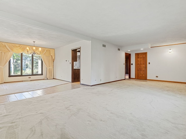 41 Mockingbird Ln, Oak Brook, IL 60523 - unfurnished living room with a chandelier, baseboards, light colored carpet, and light tile patterned floors