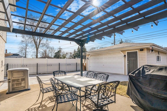 view of patio with outdoor dining space, an outbuilding, fence, area for grilling, and a pergola