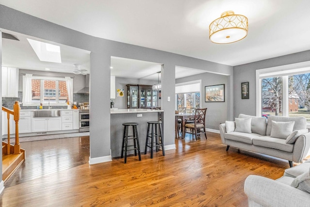 living area featuring a wealth of natural light, baseboards, wood finished floors, and a skylight