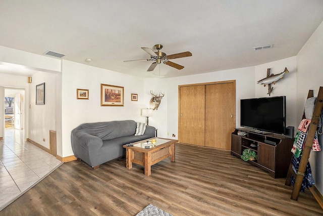 living room featuring a ceiling fan, wood finished floors, and visible vents