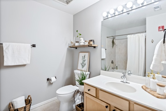 bathroom featuring visible vents, toilet, a shower with shower curtain, tile patterned flooring, and vanity