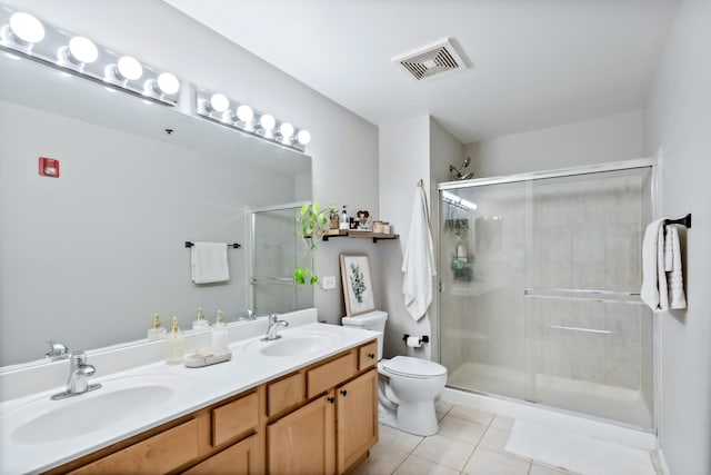 full bath featuring tile patterned flooring, a shower stall, visible vents, and a sink