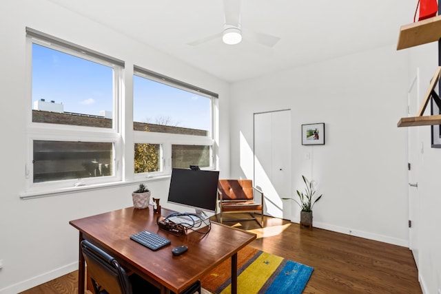 office area featuring ceiling fan, baseboards, and wood finished floors