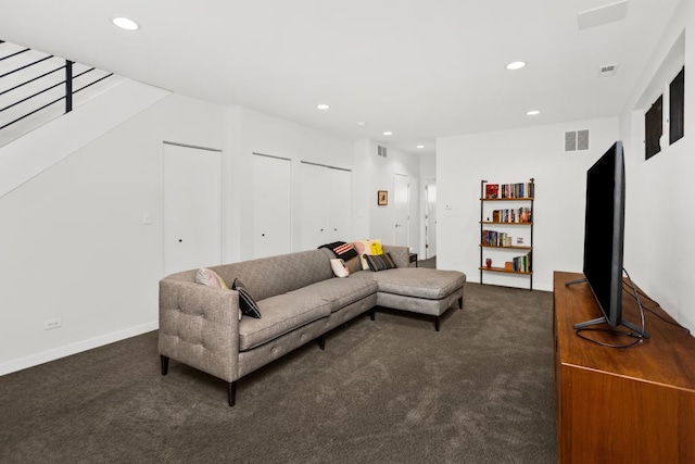 carpeted living room featuring visible vents, recessed lighting, and stairway