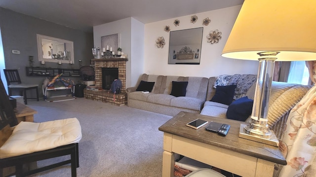 living area with carpet floors and a brick fireplace