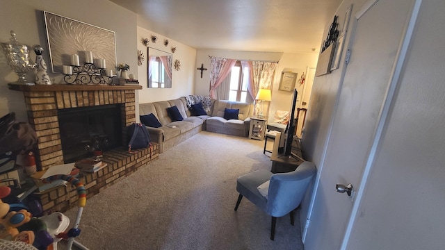 carpeted living area featuring a fireplace