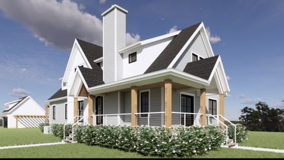 view of property exterior featuring a yard, a porch, and a chimney