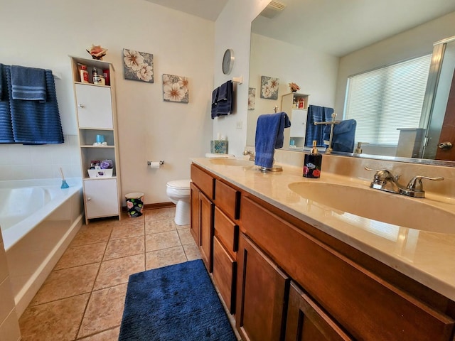 full bath featuring tile patterned floors, double vanity, a bath, and a sink