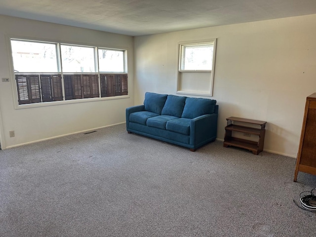 living area with carpet, a healthy amount of sunlight, and baseboards