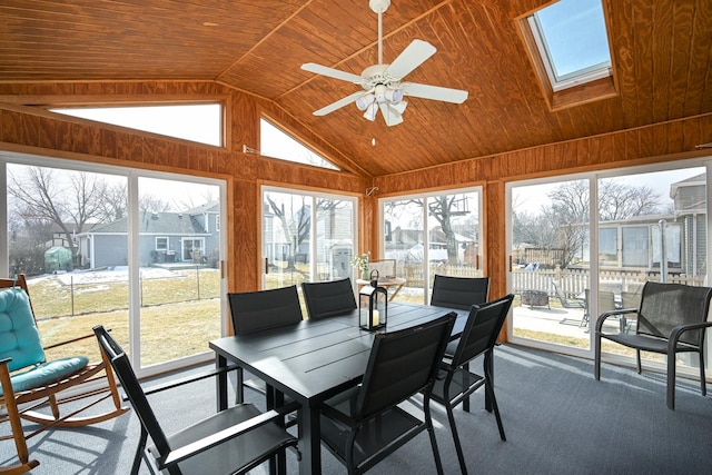 sunroom / solarium with ceiling fan, wooden ceiling, and lofted ceiling with skylight