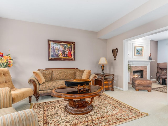 living room with carpet flooring, a fireplace, and baseboards