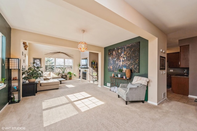 living area featuring baseboards, light carpet, and visible vents