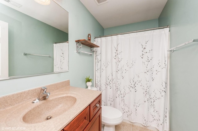 bathroom with visible vents, curtained shower, toilet, and vanity