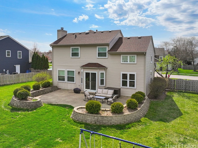 back of house featuring a patio area, a chimney, an outdoor hangout area, and roof with shingles