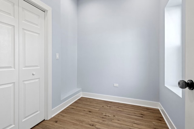 interior space with a closet, baseboards, and wood finished floors