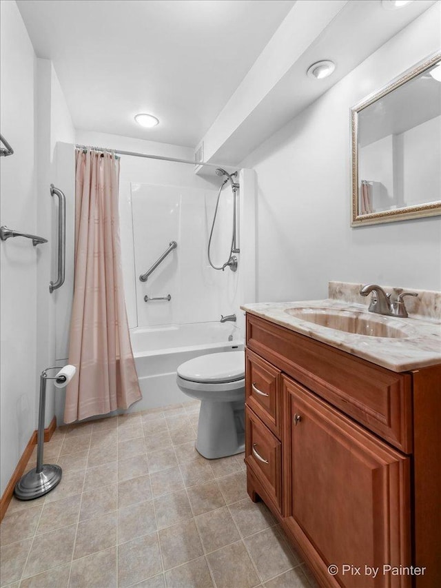 full bath featuring shower / bathtub combination with curtain, toilet, vanity, and tile patterned flooring