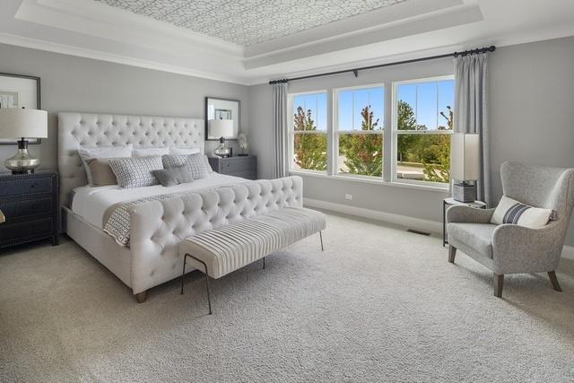 12595 Skeels St, Huntley, IL 60142 - carpeted bedroom featuring a raised ceiling, crown molding, visible vents, and baseboards