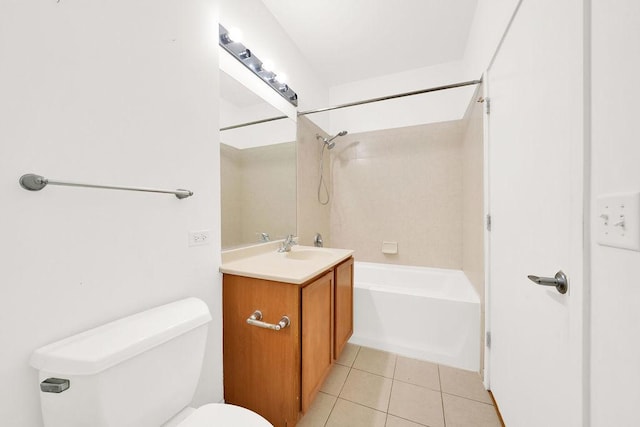 bathroom with tile patterned flooring, bathing tub / shower combination, toilet, and vanity