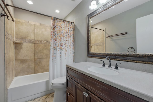 bathroom featuring vanity, recessed lighting, tile patterned flooring, toilet, and shower / tub combo with curtain