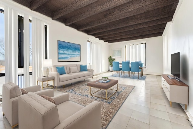 living area featuring wooden ceiling, light tile patterned flooring, baseboards, and beam ceiling