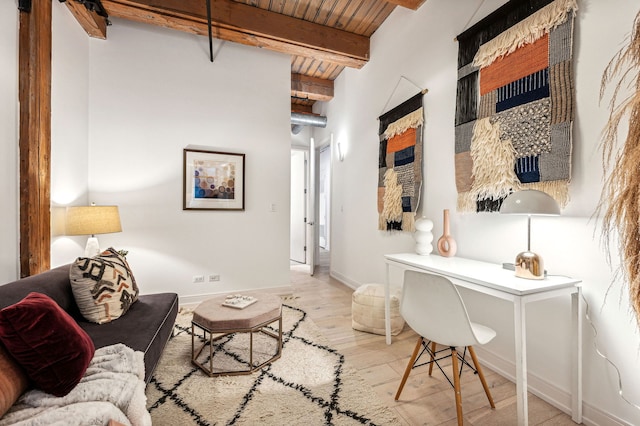 living room with wood finished floors, baseboards, beam ceiling, and wooden ceiling