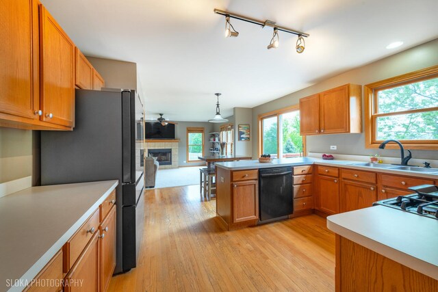 kitchen featuring dishwasher, freestanding refrigerator, light wood-type flooring, a sink, and a tile fireplace