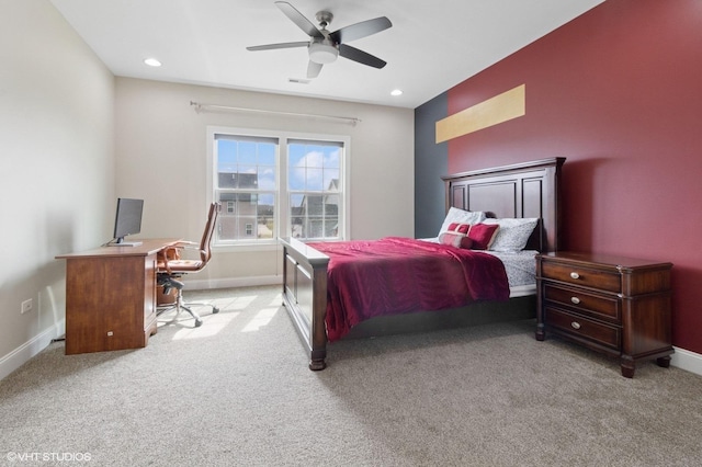 carpeted bedroom with recessed lighting, visible vents, a ceiling fan, and baseboards