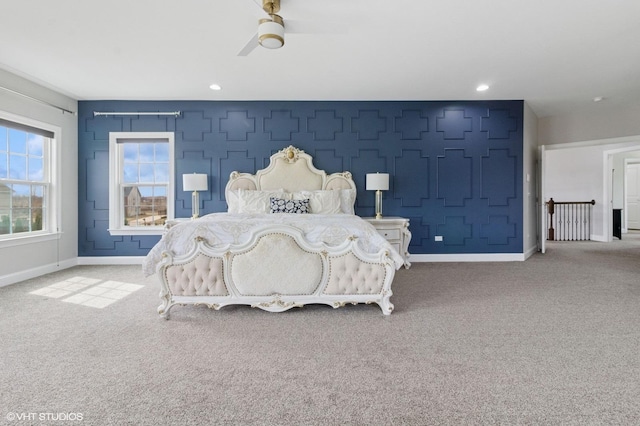 bedroom featuring a ceiling fan, baseboards, carpet, and recessed lighting