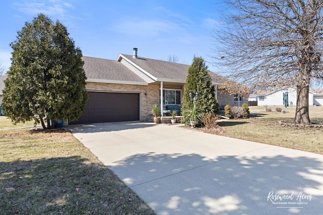 ranch-style house featuring driveway, a front yard, a garage, and roof with shingles