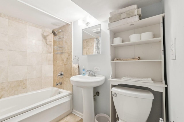 full bath featuring tile patterned flooring, shower / bathing tub combination, toilet, and visible vents