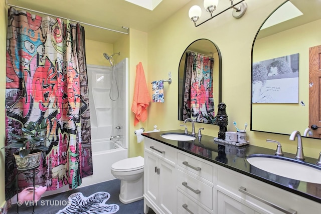 bathroom with double vanity, shower / bath combination with curtain, toilet, and a sink