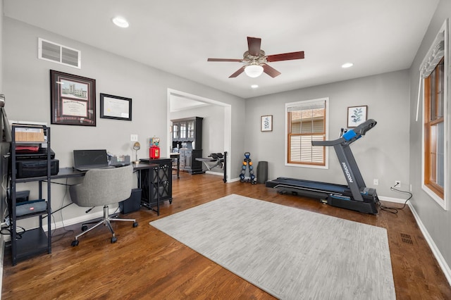 office area with recessed lighting, wood finished floors, visible vents, and ceiling fan