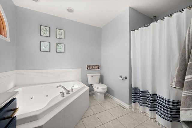 bathroom featuring baseboards, visible vents, tile patterned flooring, a jetted tub, and toilet