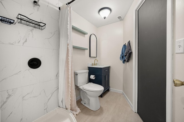 bathroom with visible vents, a shower stall, baseboards, toilet, and vanity