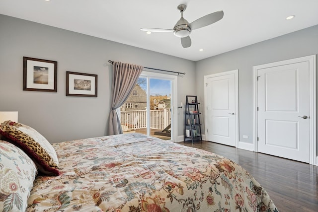 bedroom with access to exterior, wood finished floors, recessed lighting, baseboards, and ceiling fan