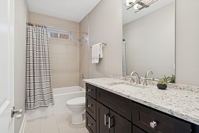 full bathroom featuring vanity, toilet, shower / bathtub combination with curtain, and tile patterned flooring