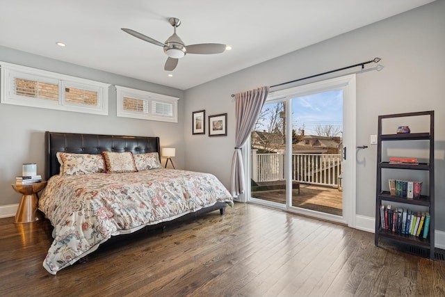 bedroom with hardwood / wood-style floors, a ceiling fan, baseboards, recessed lighting, and access to outside