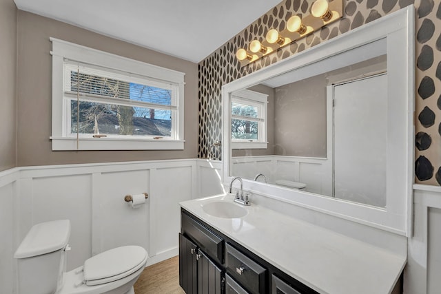 bathroom with wainscoting, toilet, vanity, and wood finished floors