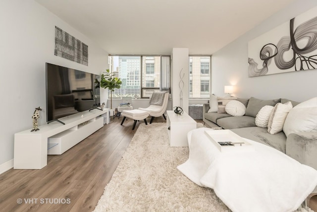 living area with baseboards and wood finished floors