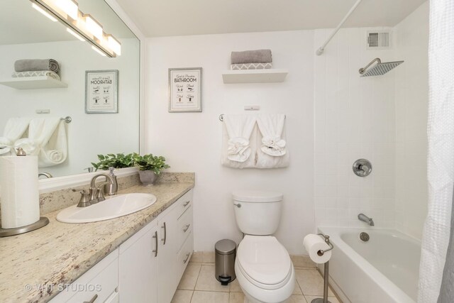 full bath with tile patterned flooring, shower / bathtub combination with curtain, vanity, toilet, and visible vents