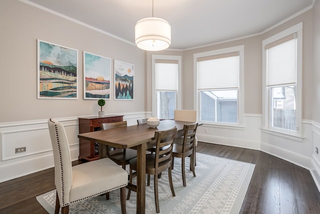 dining space with crown molding, a decorative wall, wood finished floors, and a wainscoted wall