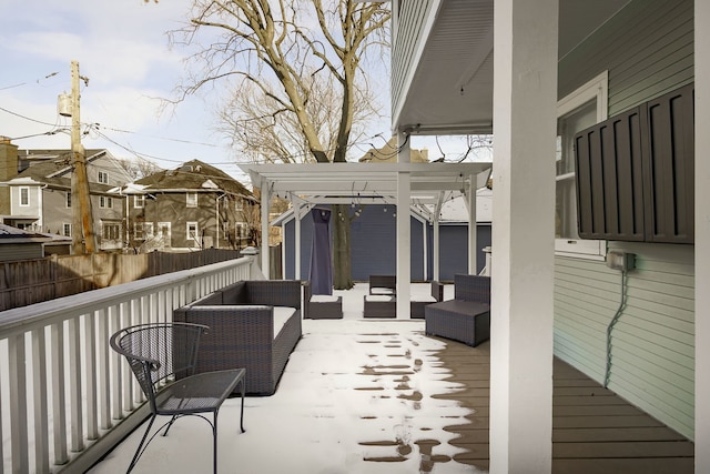 wooden deck with outdoor lounge area, fence, a pergola, and a residential view