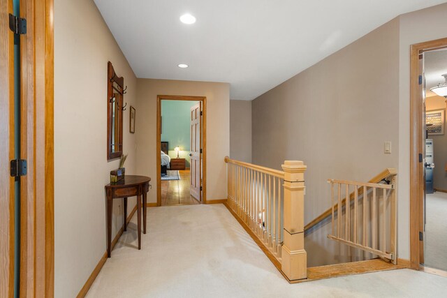4201 Brittany Trail Dr, Champaign, IL 61822 - hall featuring carpet floors, baseboards, recessed lighting, and an upstairs landing