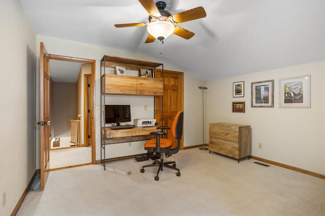4201 Brittany Trail Dr, Champaign, IL 61822 - office space with ceiling fan, light colored carpet, visible vents, baseboards, and lofted ceiling