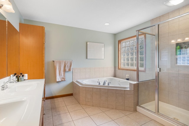 4201 Brittany Trail Dr, Champaign, IL 61822 - bathroom with a stall shower, a sink, tile patterned flooring, and a garden tub