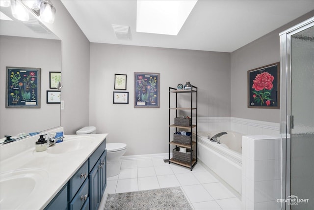 full bathroom with a bath, tile patterned flooring, a skylight, a sink, and double vanity