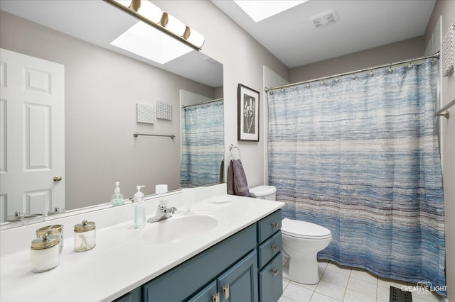 bathroom with tile patterned floors, visible vents, toilet, and a skylight
